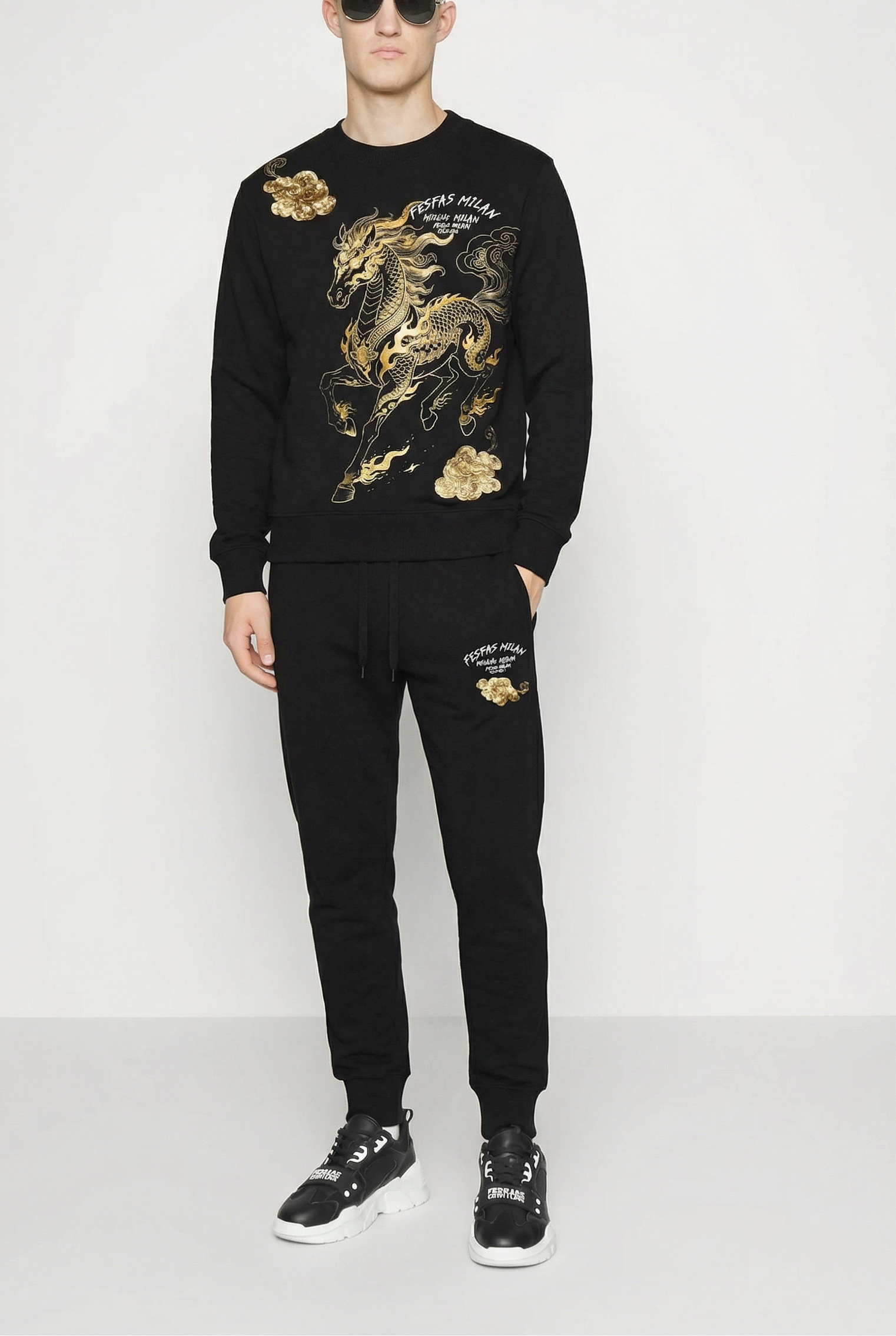 FesFas golden horse-print Sweatshirt Set | Black | Men