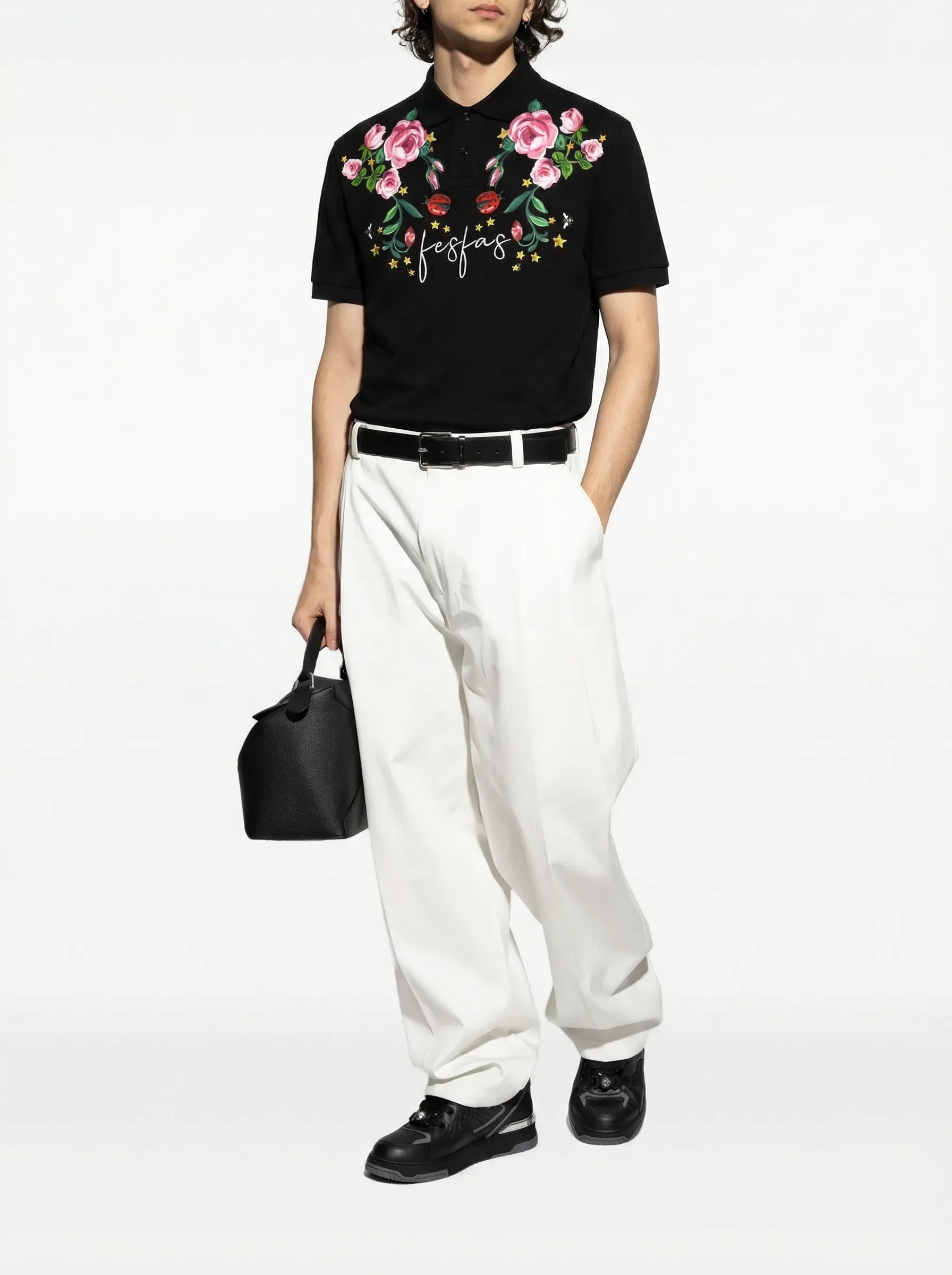 FesFas Floral-print | Áo Polo | Nam | Màu Đen