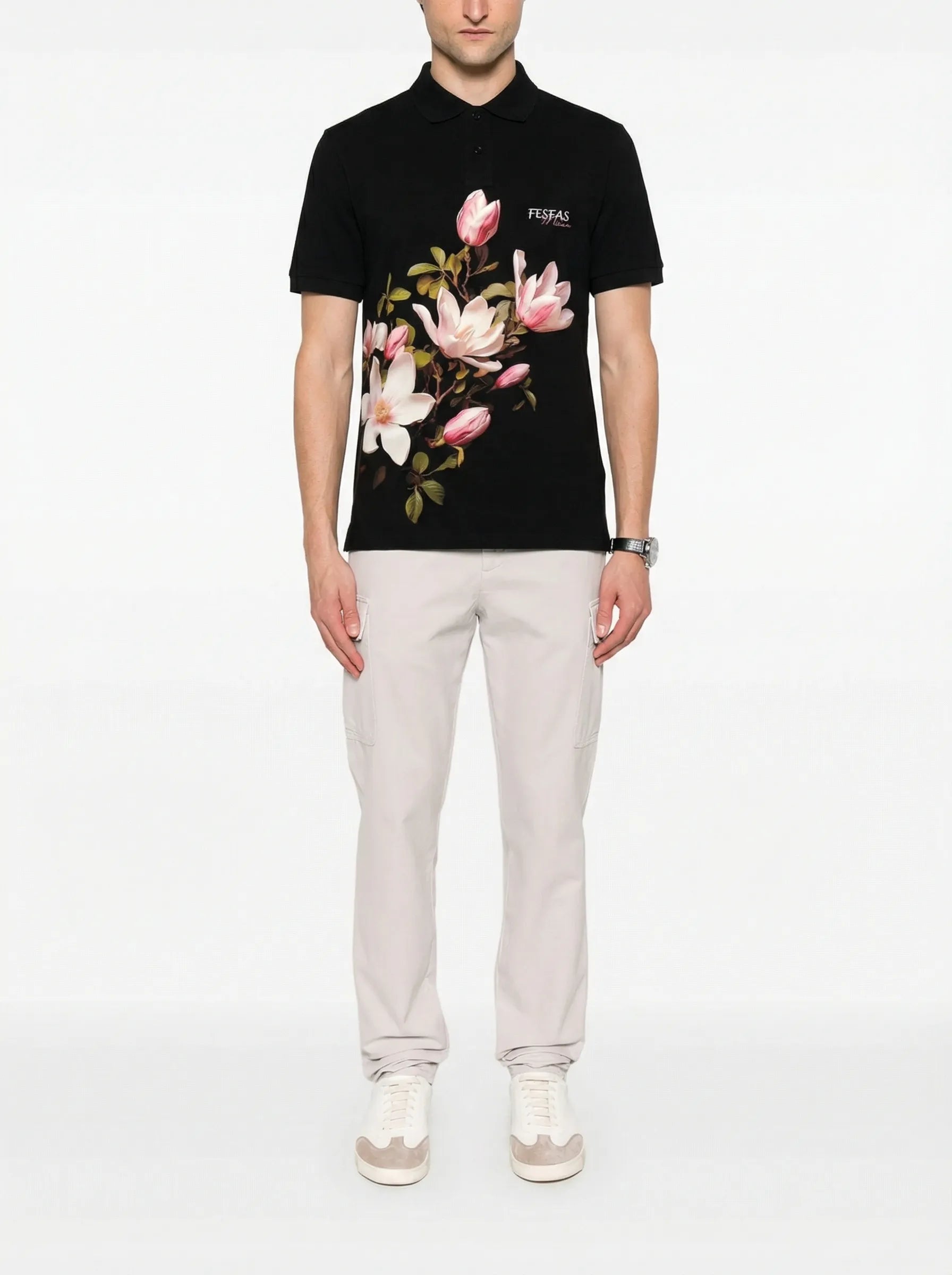 FesFas Floral-print | Áo Polo | Nam | Màu Đen