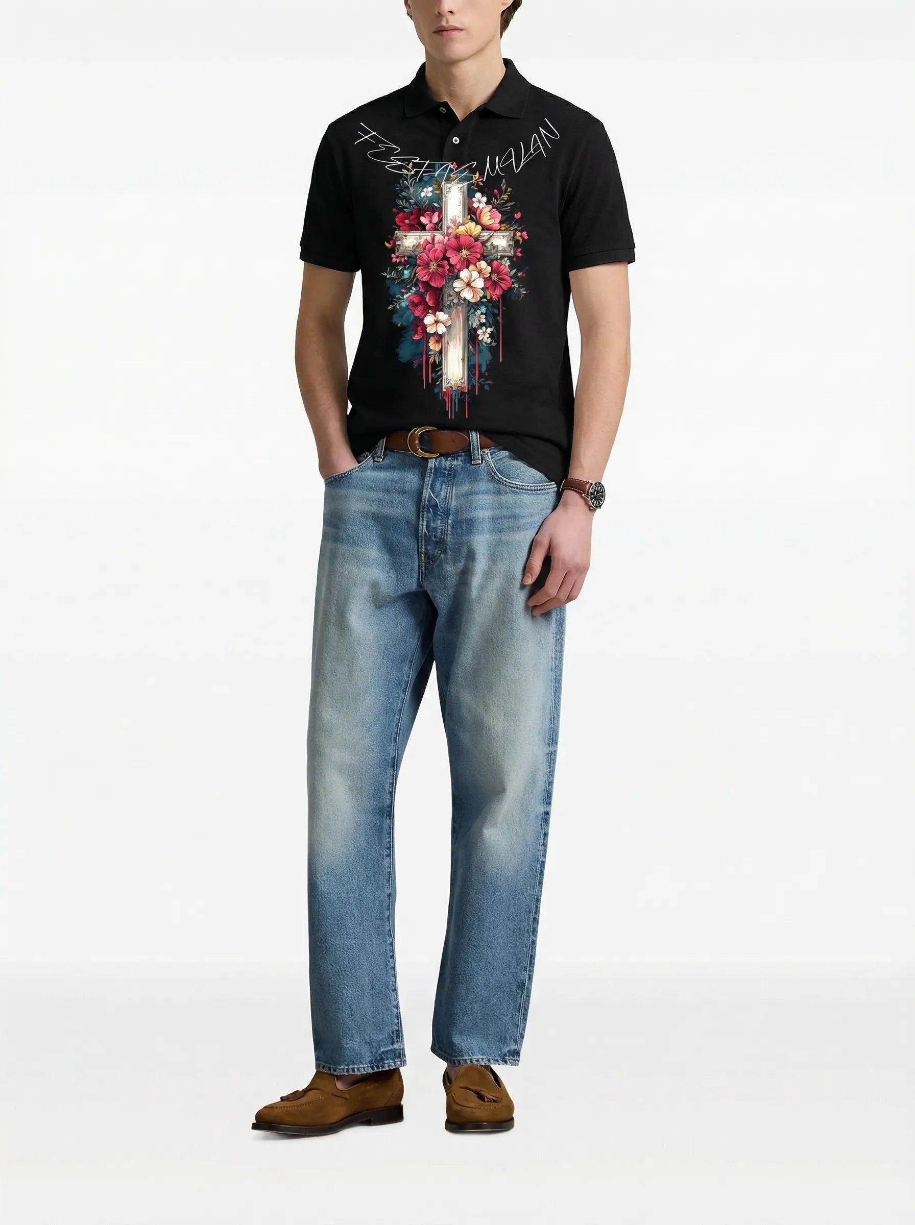 FesFas Floral-print | Áo Polo | Nam | Màu Đen