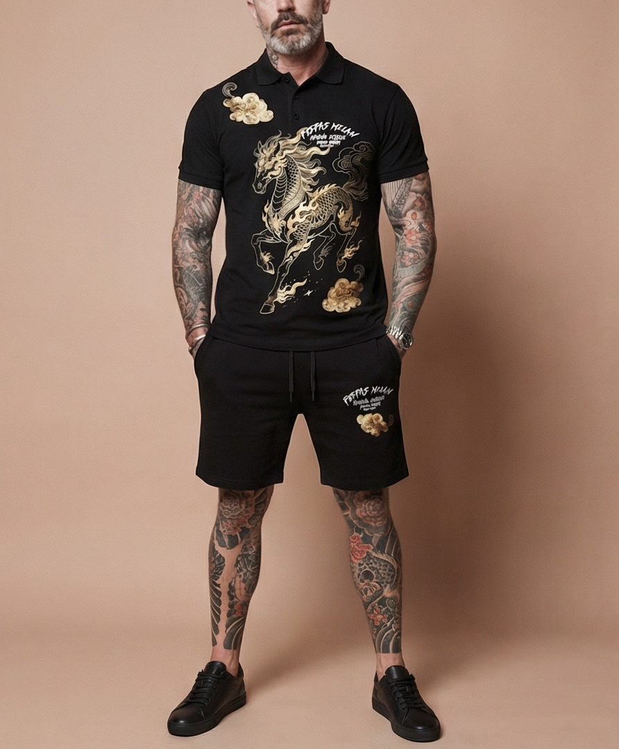 FesFas golden horse-print | Bộ Polo | Nam | Màu Đen