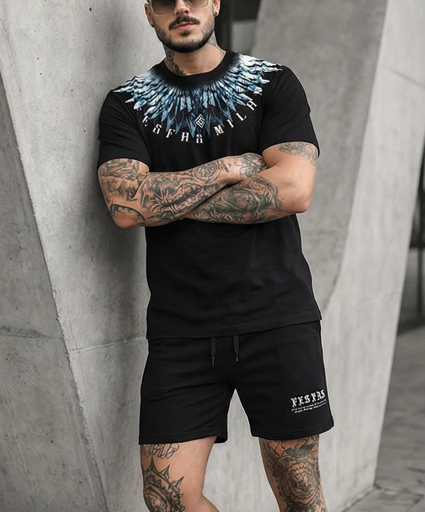 FesFas blue feathers-print | Bộ T-Shirt | Nam | Màu Đen