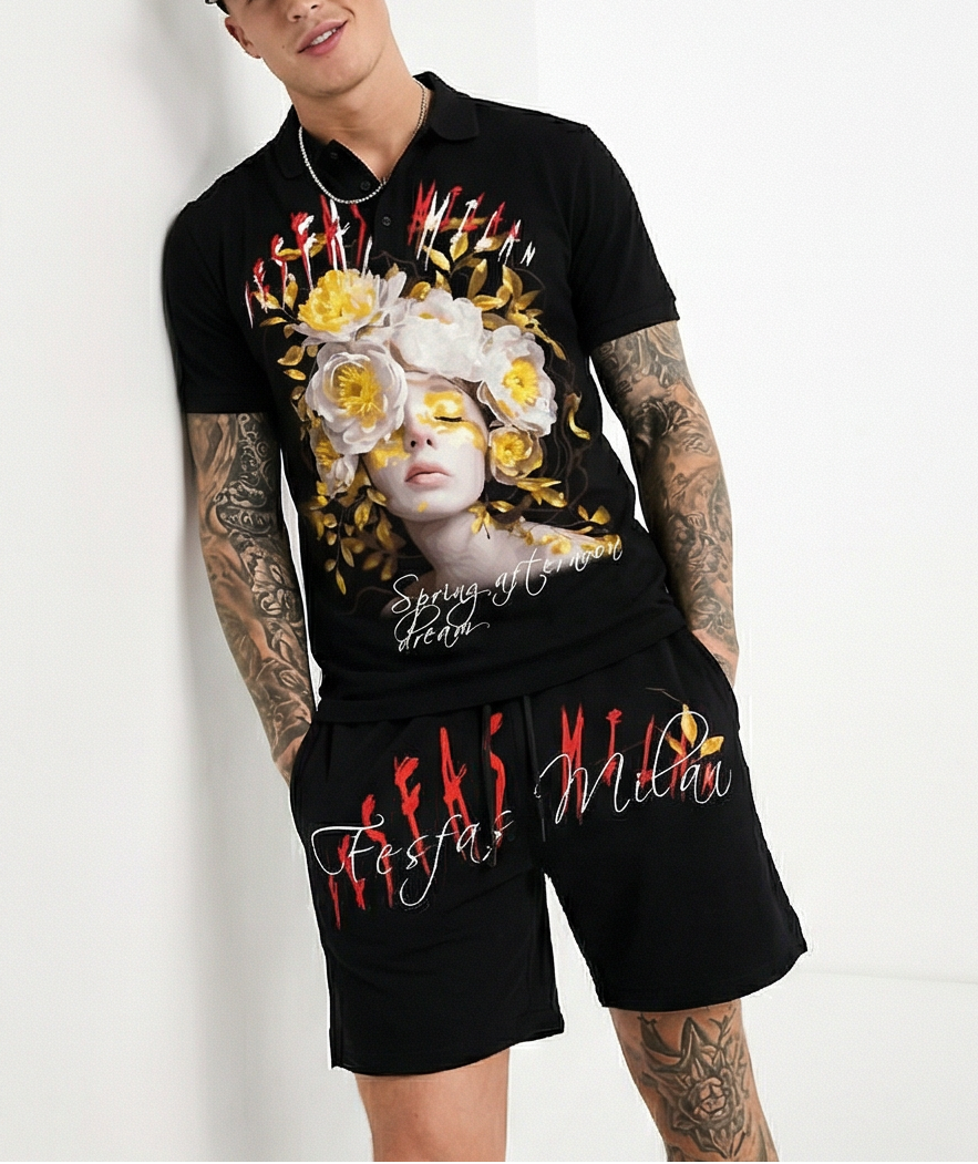 FesFas flower goddess-print | Bộ Polo | Nam | Màu Đen