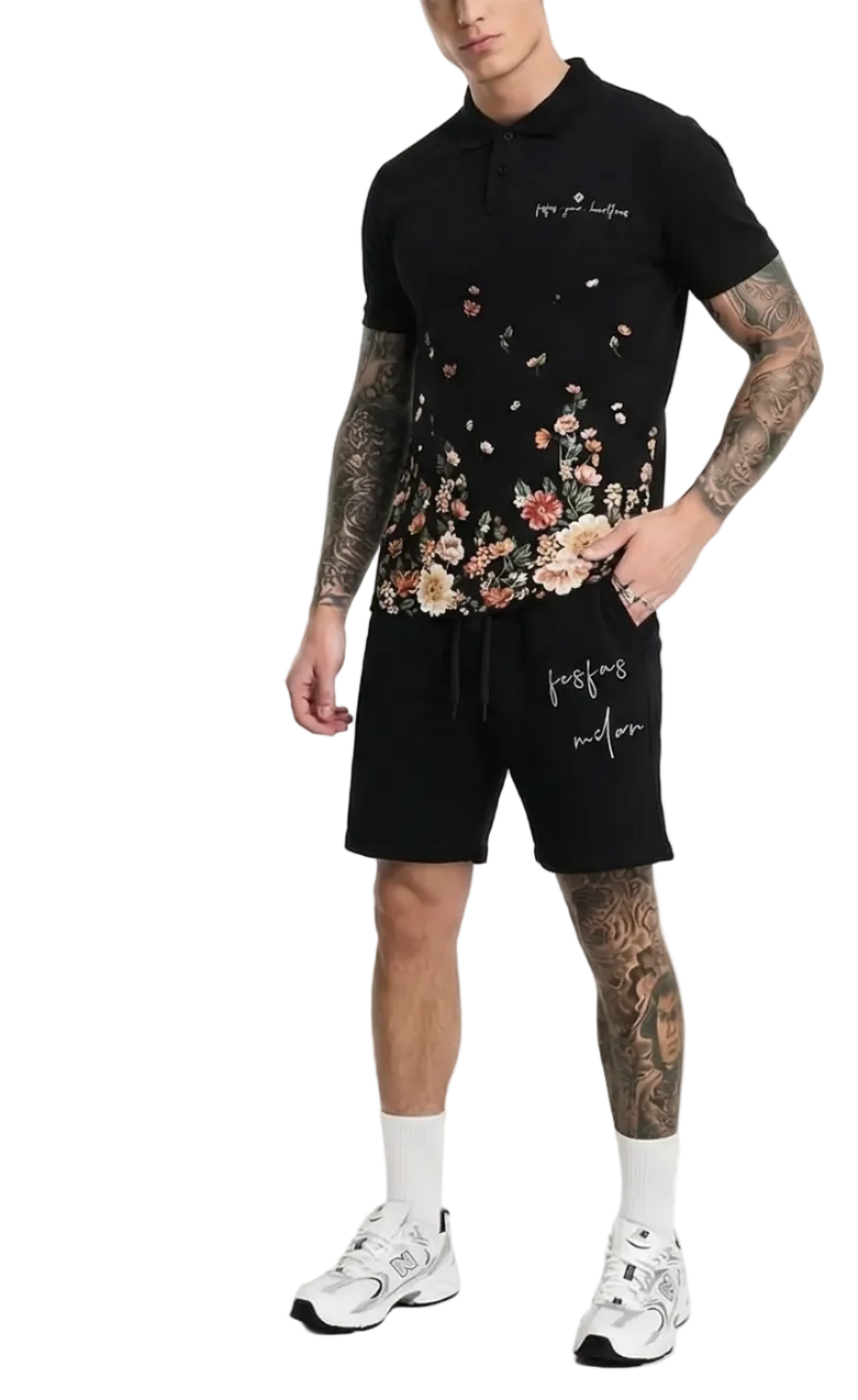 FesFas flowers-print | Bộ Polo | Nam | Màu Đen