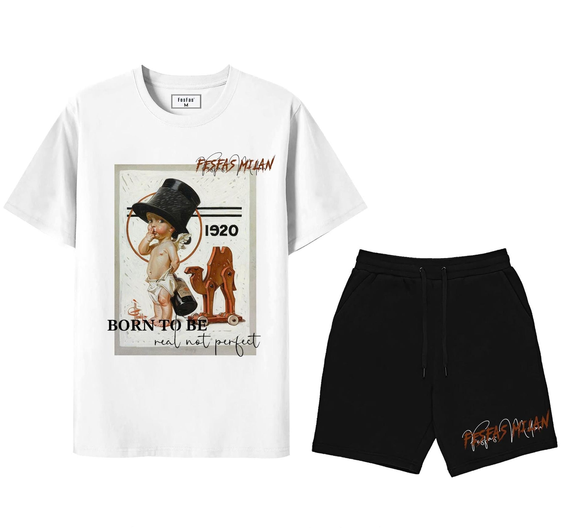 FesFas cute boy-print T-shirt Set | Black & White | Men