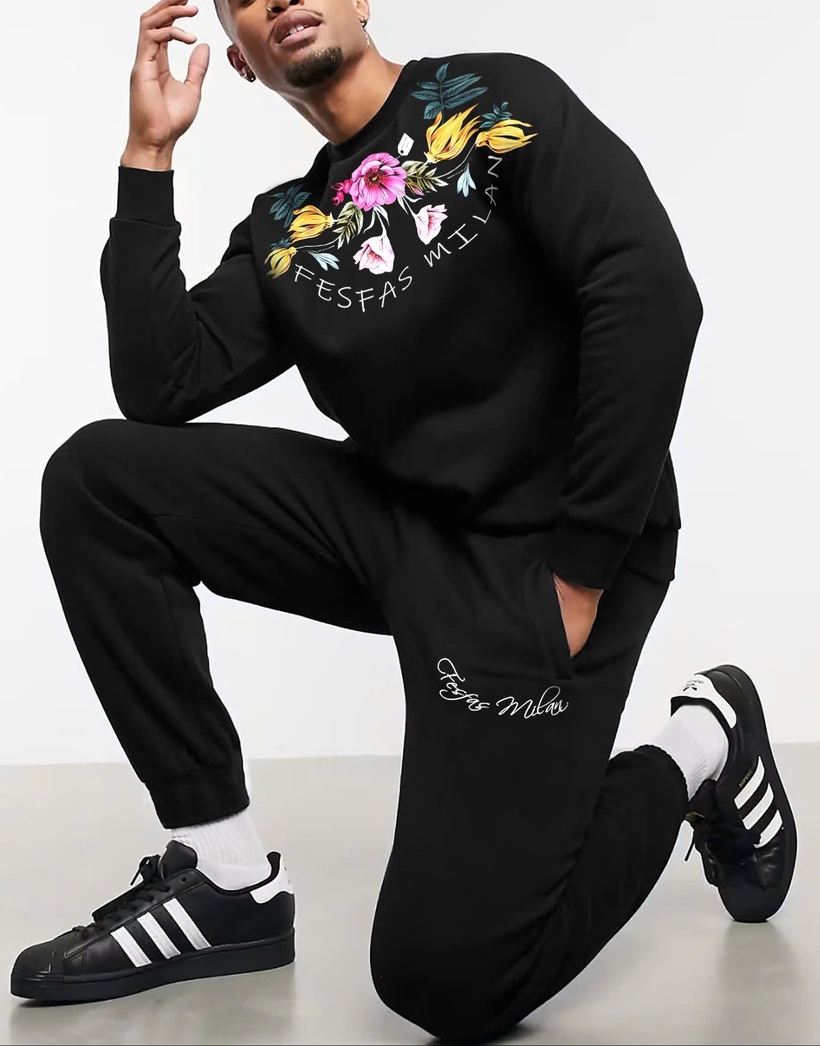 FesFas Flower-print Sweatshirt | Black | Men
