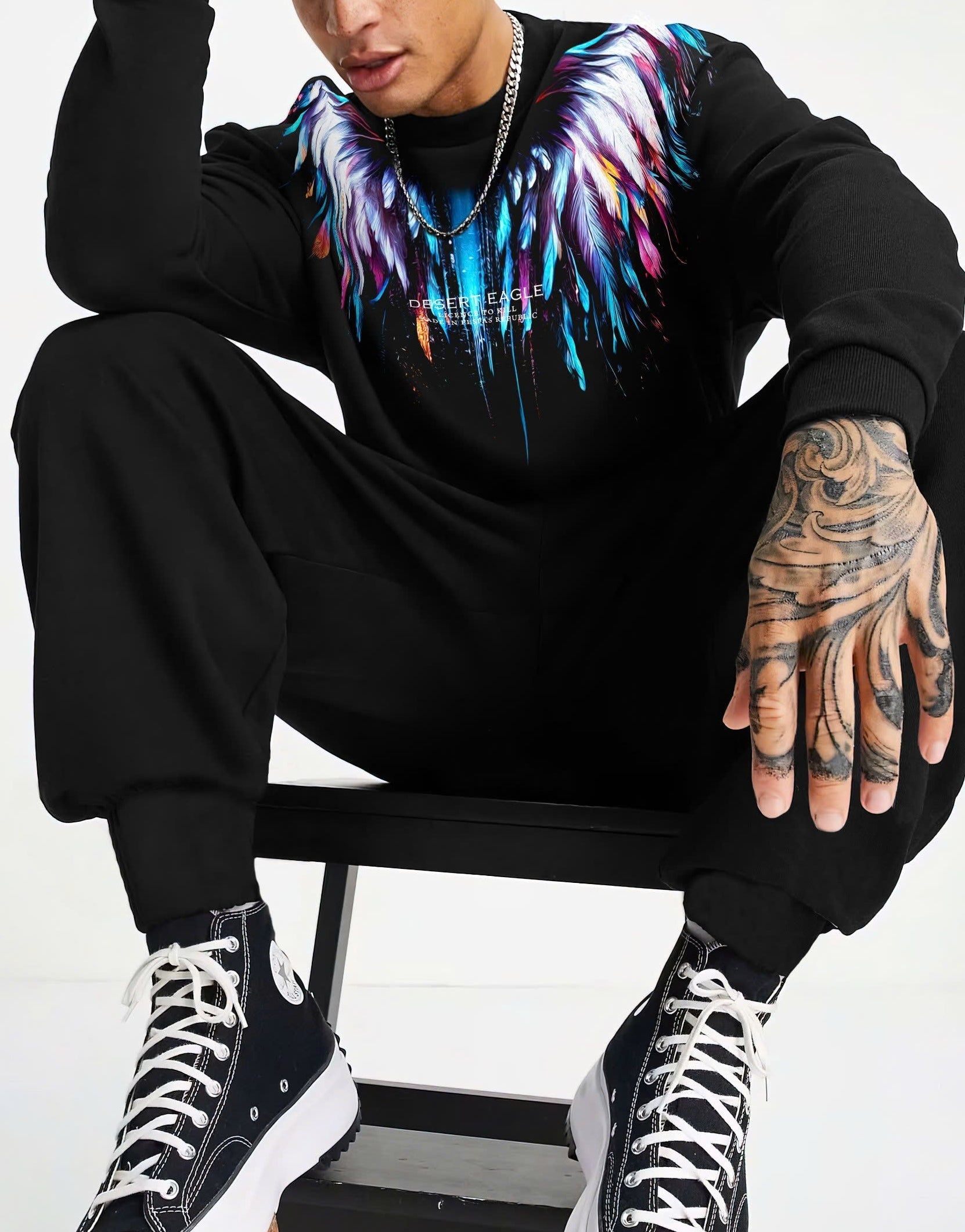 FesFas Feathers-print Sweatshirt Set | Black | Men