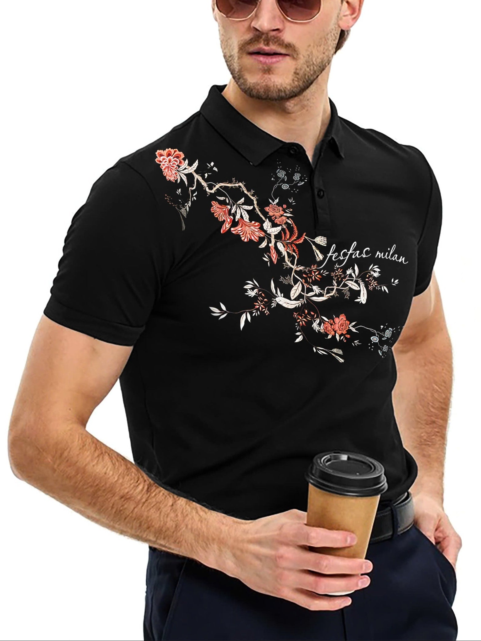 FesFas Floral-print | Áo Polo | Nam | Màu Đen