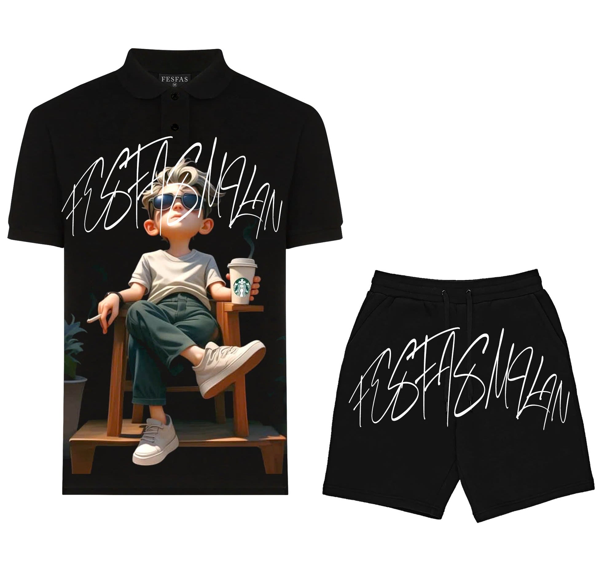 FesFas chill boy-print | Bộ Polo | Nam | Màu Đen