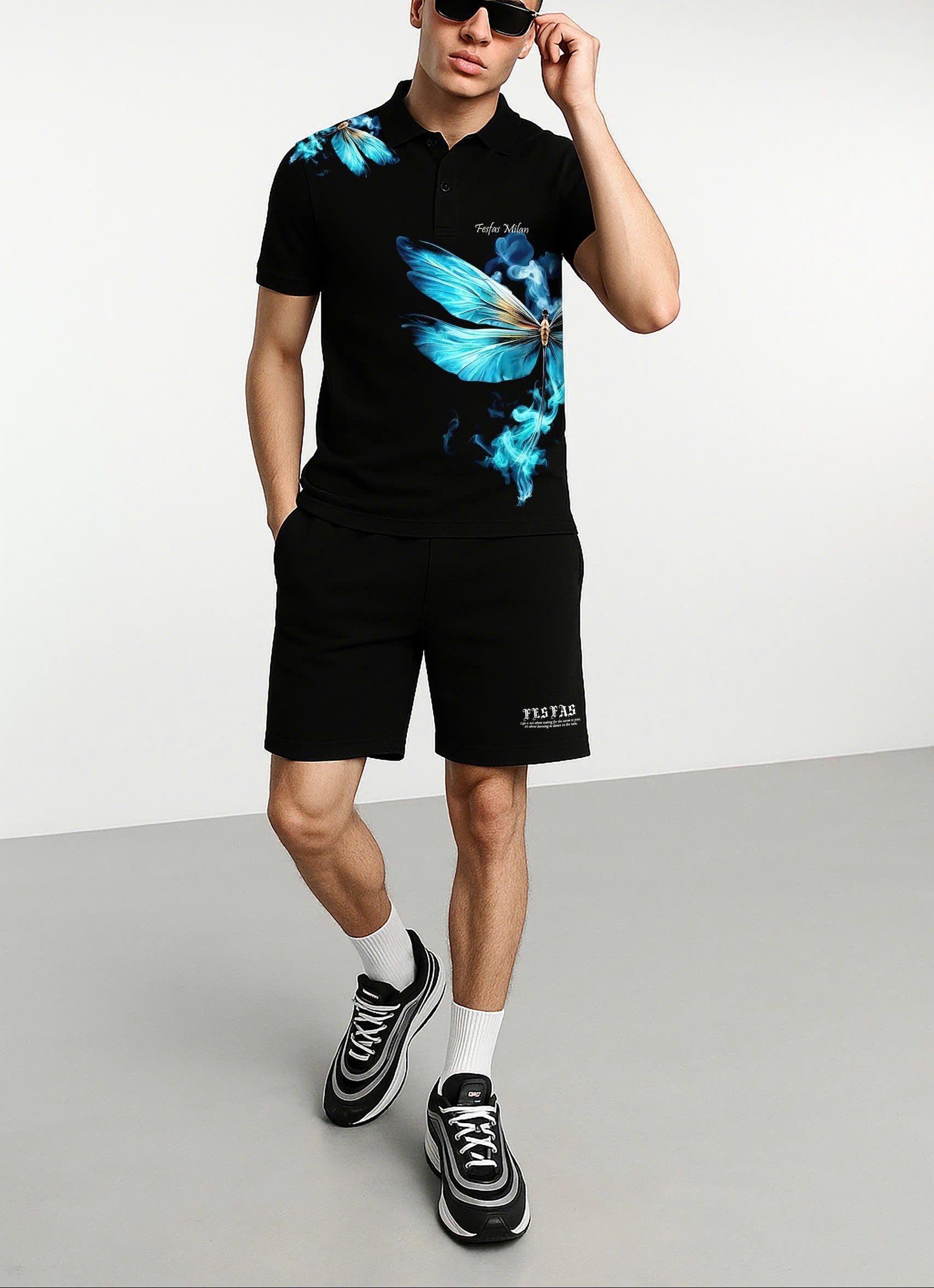 FesFas blue dragonfly-print | Bộ Polo | Nam | Màu Đen