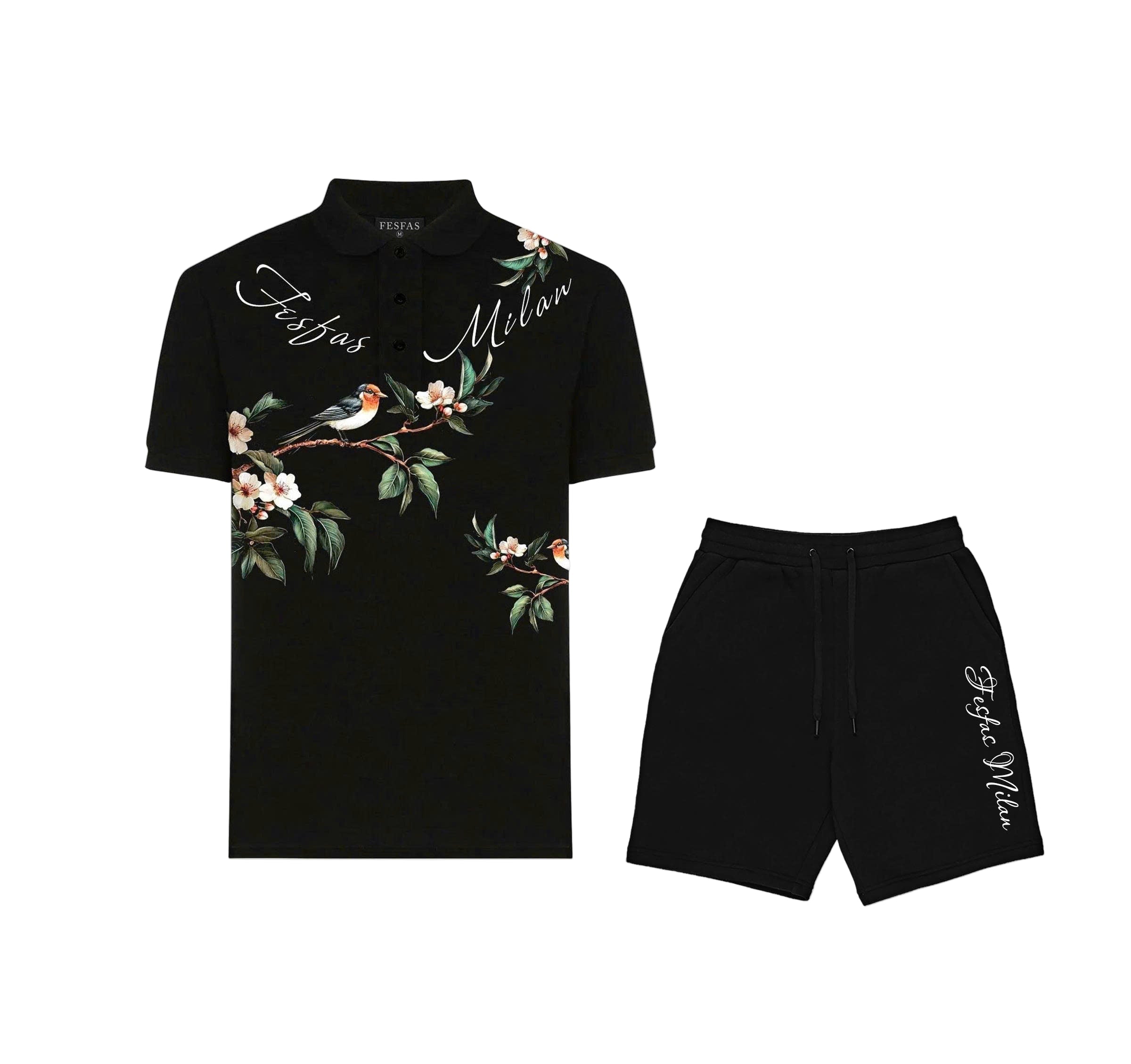 FesFas Floral Bird-print | Áo Polo | Nam | Màu Đen