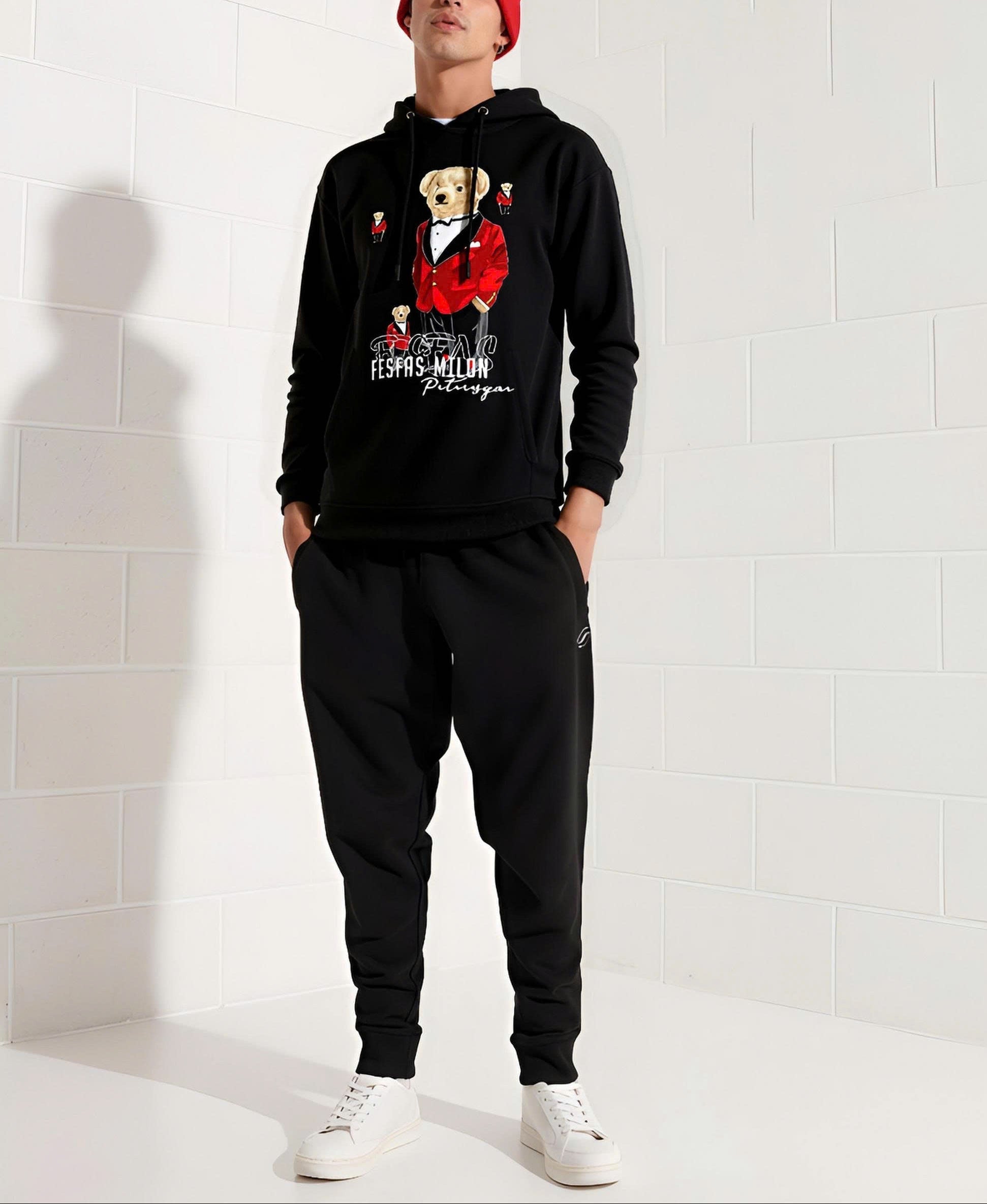 FesFas Bear-print Hoodie Set | Black | Men
