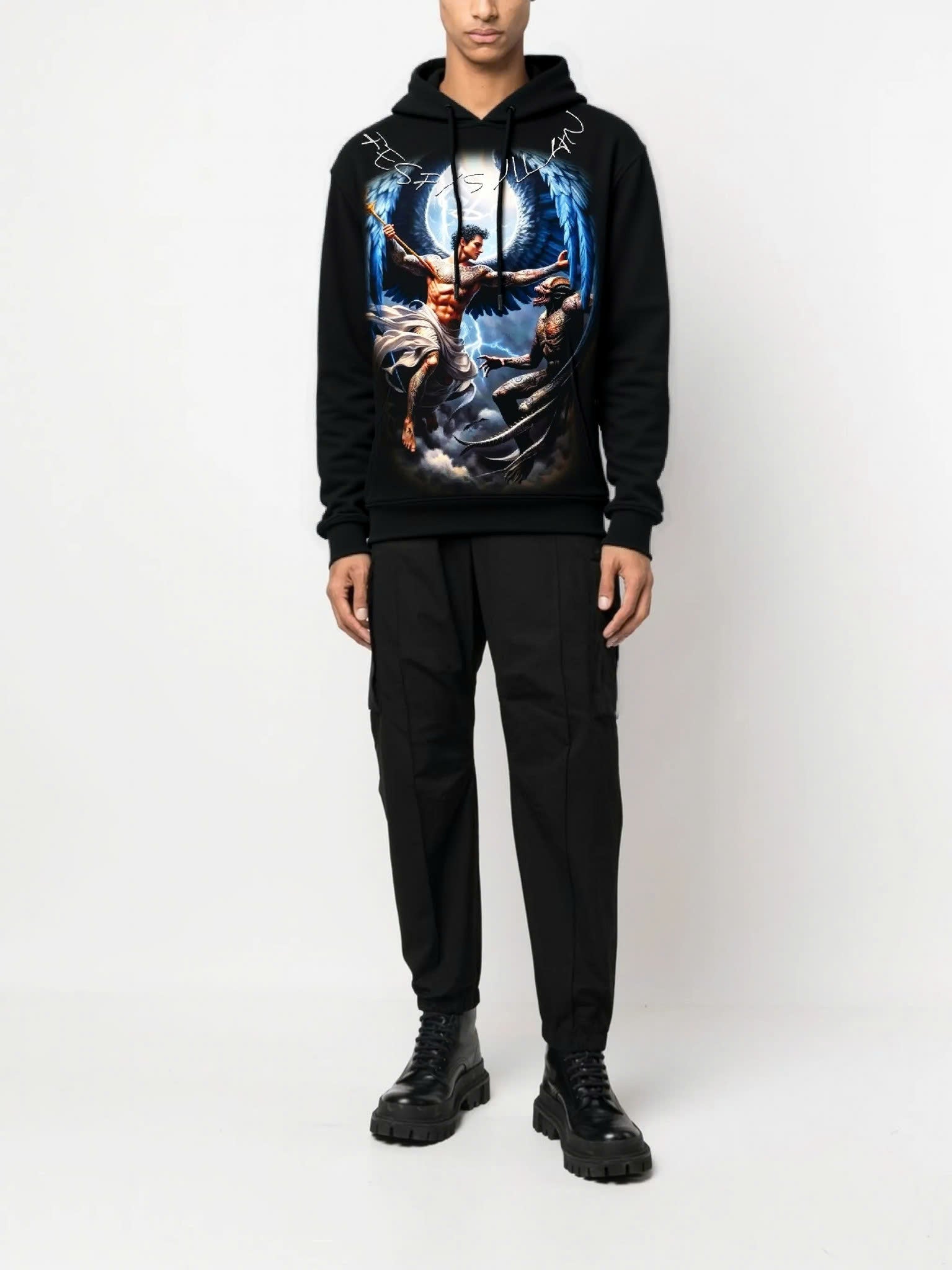FesFas Angel-print Hoodie | Black | Men
