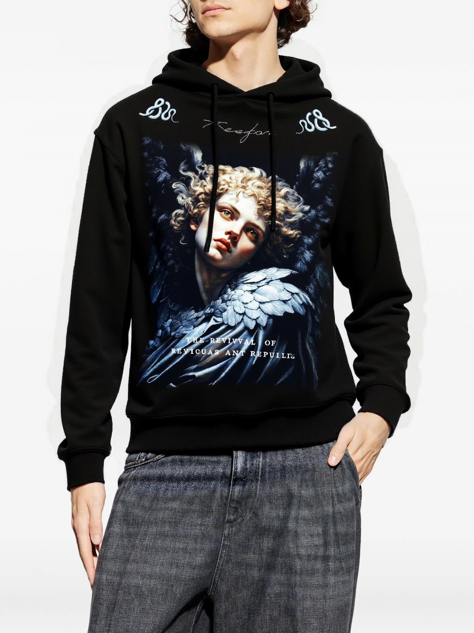 FesFas Angel-print Hoodie | Black | Men