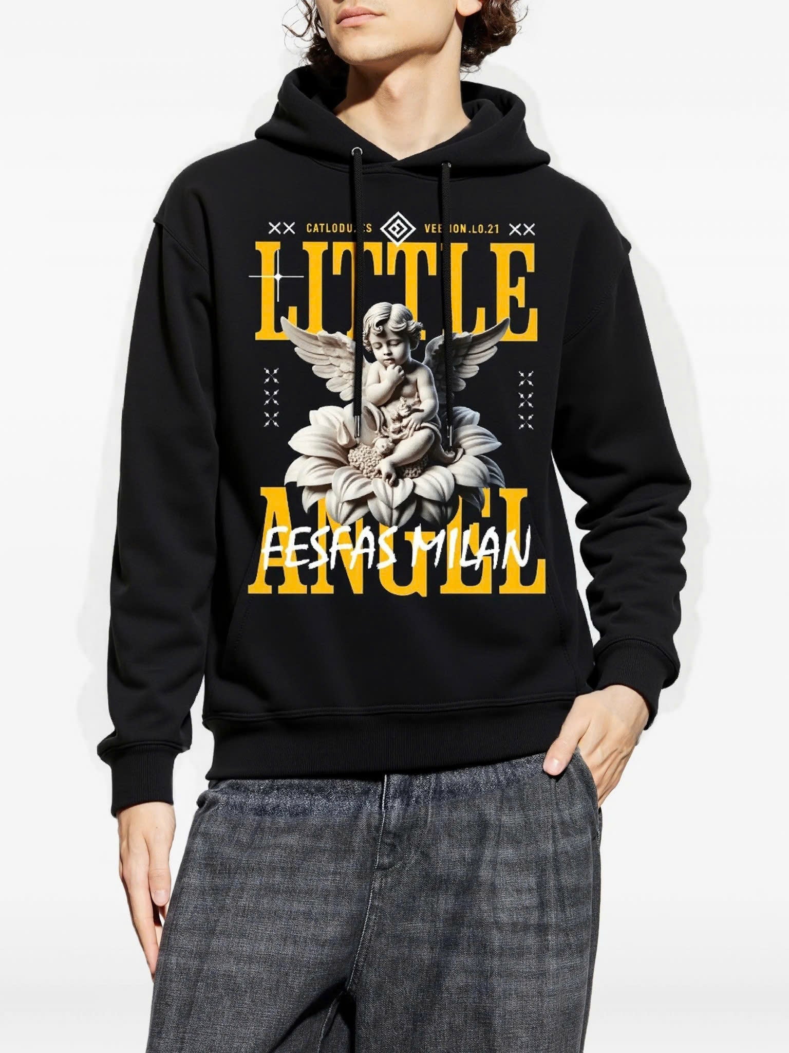 FesFas Angel-print Hoodie | Black | Men